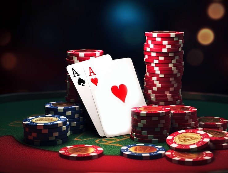 Seorang dealer casino live sedang menjalankan permainan blackjack di studio dengan pencahayaan gelap